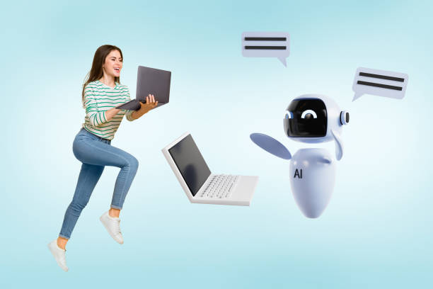 istock Composite trend artwork 3D sketch collage of robot assistant artificial intellect young lady remote work hold laptop speech cloud chatbot 2189003417