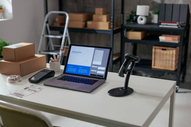 istock Laptop with shipping information on desk 2189003621