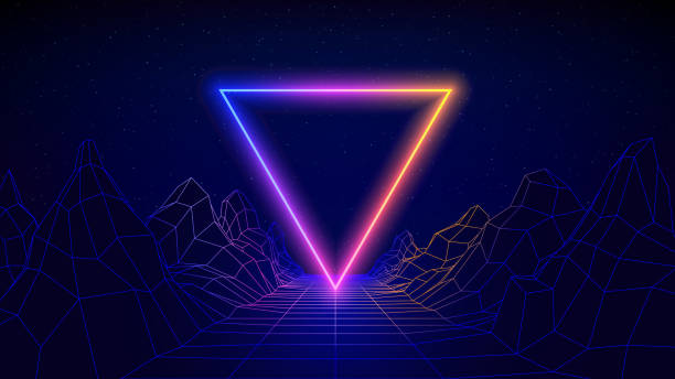 istock Retro futuristic abstract background. Synthwave 80s style, neon color, laser grid. Shining triangle, mountain. 3d dark blue backdrop, digital template. Starry sky background, mesh grid floor. Vector 2189005257
