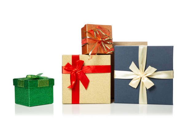 istock Colorful stacked gift boxes for New Year or Christmas isolated on white background 2189007580