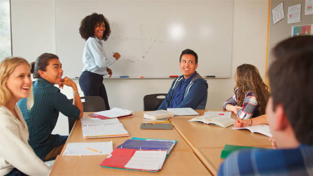 Female Tutor At Whiteboard Teaching Class Of High School College Or University Students Around Table