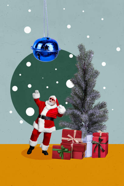 istock Vertical photo collage of happy old man dance new year tree bell decor celebration present box xmas event isolated on painted background 2189011177
