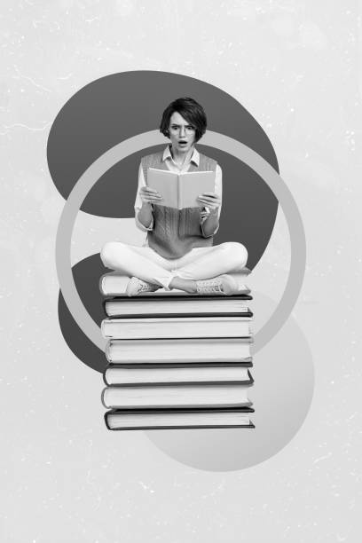 istock Vertical collage image of impressed small girl sitting big pile stack book read isolated on painted background 2189014265