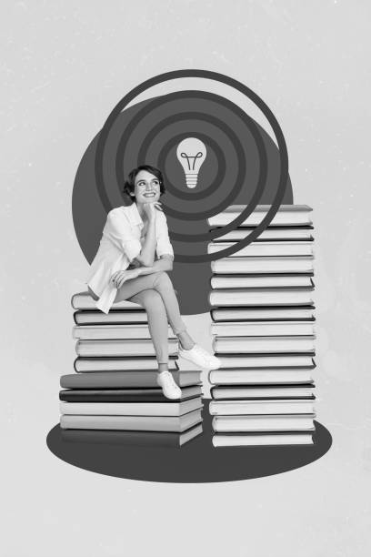 istock Vertical collage portrait of mini cheerful girl sit pile stack book think light bulb bright idea isolated on creative background 2189014296