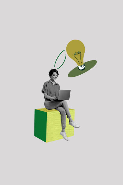 istock Vertical photo collage of happy freelancer girl type laptop light bulb development plan finding project isolated on painted background 2189017017