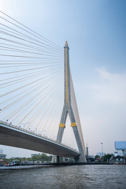 Iconic Rama VIII Bridge stretching across the Chao Phraya River in Bangkok, Thailand
