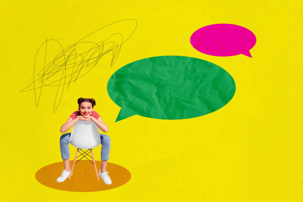 istock Trend artwork poster composite sketch image collage of bright color space young lady sit chair hairdo cute smile speech cloud chatting sms 2189022344