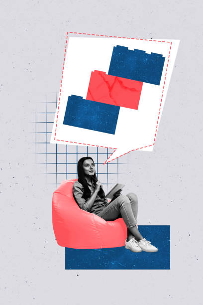 istock Template collage design trend artwork 3D sketch of beanbag workspace young lady sit write noted imagination speech cloud piece match 2189022575