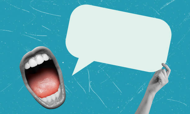 istock Modern art collage featuring a hand holding a speech bubble for advertising or news and a screaming mouth. 2189023034