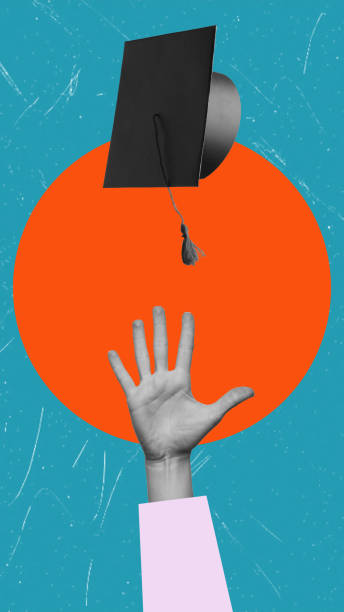 istock Modern art collage art featuring a hand tossing a graduate's cap. 2189023103