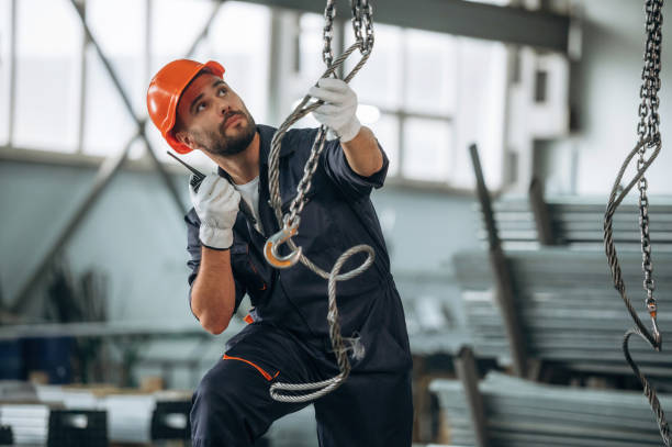istock Strong cables are hanging. Man is working in the modern factory 2189023965