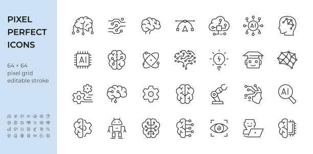 ilustrações de stock, clip art, desenhos animados e ícones de brain and artificial intelligence icon set. editable stroke weight. pixel perfect icons. - sistema nervoso humano