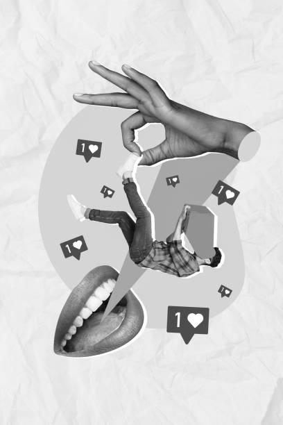 istock Vertical collage picture of black white effect arm fingers hold mini guy use netbook huge mouth talking like notification 2189028886