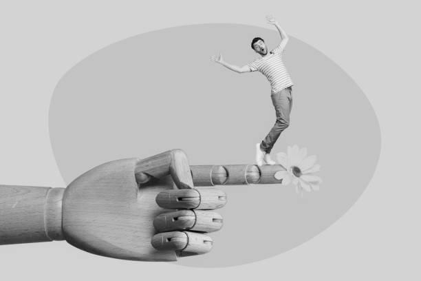 istock Creative photo 3d collage artwork poster brochure of active afraid scared fall down big arm point right way isolated on painting background 2189028927