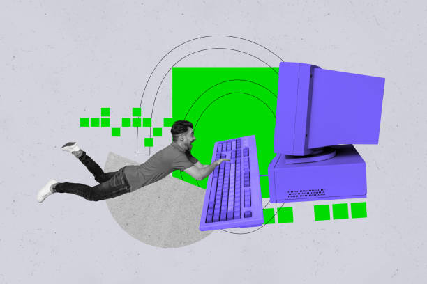 istock Composite trend artwork sketch image photo collage of young guy levitate type keyboard obsolete computer monitor copyspace office manager 2189029534