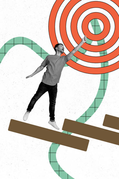 istock Vertical image collage young man achieve goal aim target accomplishment progress improvement ambition drawing background 2189029782