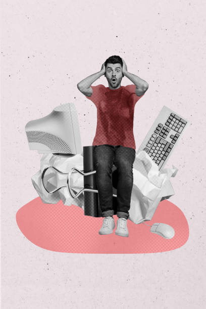 istock Composite sketch image design trend artwork collage of young man confused headache sit obsolete computer monitor keyboard office ball paper 2189030605