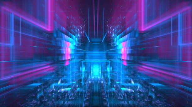 istock Dynamic colors fill the space with a blend of blue and pink hues, creating an immersive, abstract environment. Geometric shapes and patterns lead to central focus, evoking a sense of depth. 3D render 2189032289