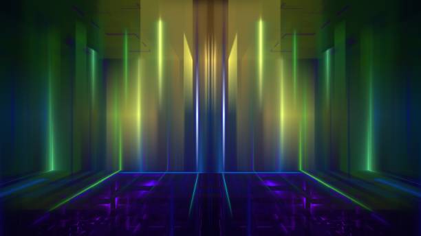 istock Bright neon lights cast radiant colors across a modern abstract environment, creating an immersive atmosphere. vivid hues of blue, green, and purple blend seamlessly to captivate the viewer. 3D render 2189032309