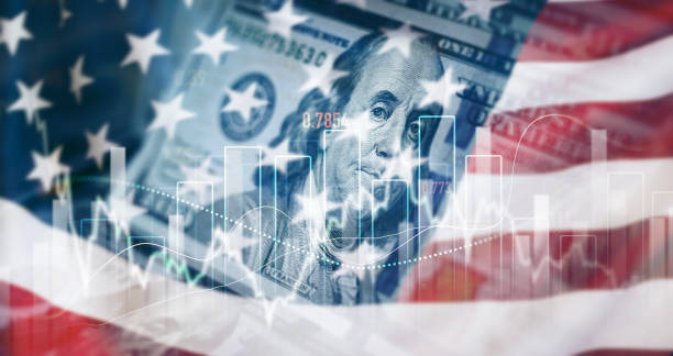 istock Virtual financial analysis graph hologram on USA flag development.USA development economy and investment. 2189032349
