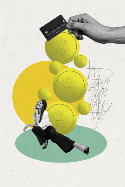 istock Trend artwork poster composite sketch image collage of young woman model posing nice sit hand hold credit card coins dollar fall down 2189032708