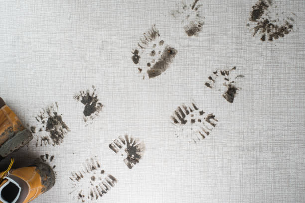 istock Dirty boots leave muddy footprints on carpet 2189035723