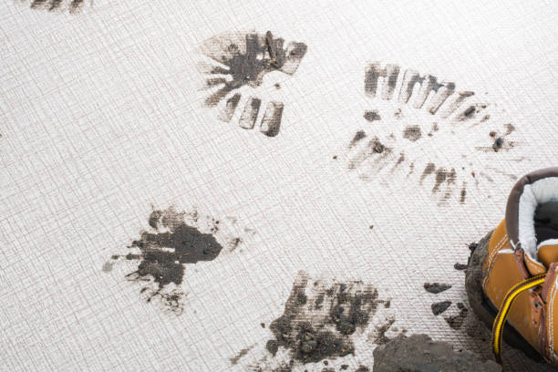 istock Dirty boots leave muddy footprints on carpet 2189035726