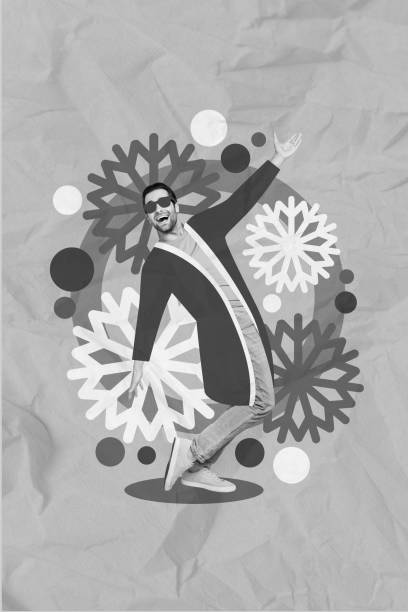 istock Vertical collage picture of excited positive dancing guy black white effect drawing snowflakes isolated on creative background 2189036976
