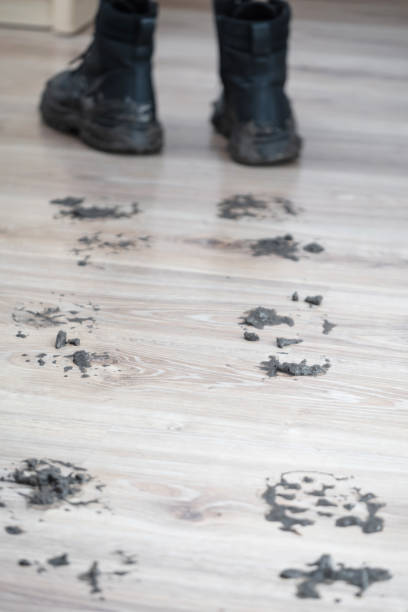 Women's legs and little boy's legs barefoot on wooden floor near bed in home bedroom in apartment