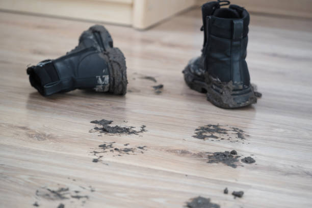 istock Uncleaned footprints on wooden floor after outdoor activity 2189037446