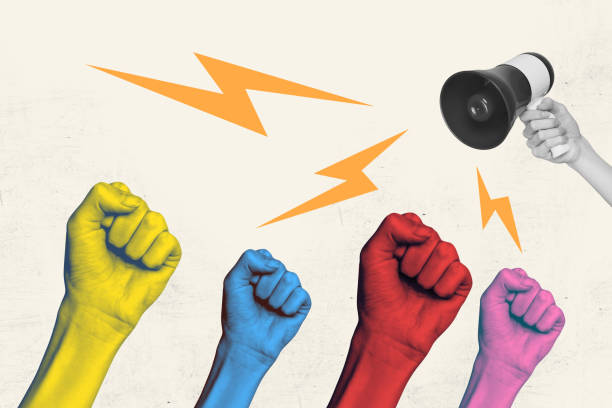 Composite art 3d creative image collage of colorful hands show fist gesture propaganda megaphone agitation parade strike fake news lie