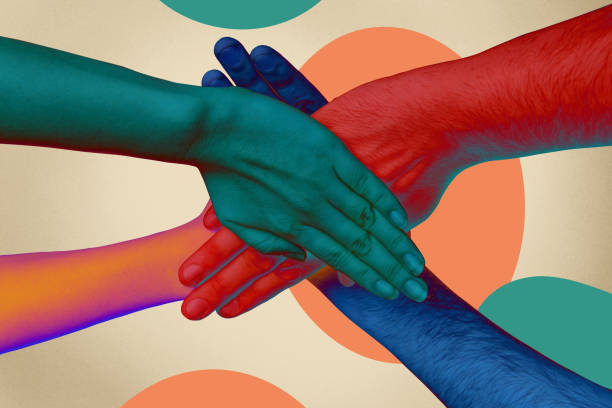 Composite photo poster trend art collage of hands hold together high five support unity cooperation isolated on painted background