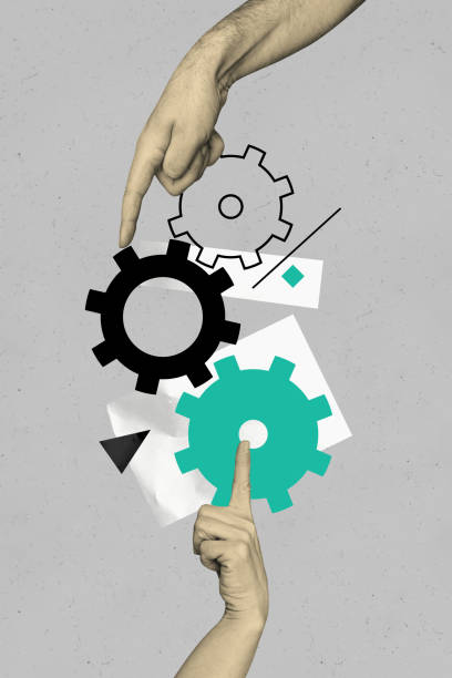 istock 3D collage design composite trend artwork sketch of team work cogwheel organization mechanism hand gesture finger point touch gear 2189040119