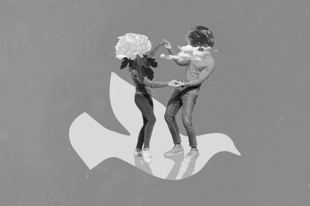 istock Composite collage image of two black white gamma people rose flower earth globe instead head hold arms dancing drawing bird silhouette 2189040168