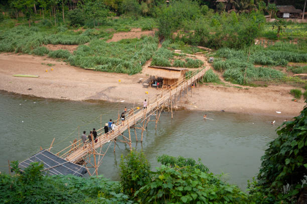 Luang Prabang, Laos - April 9, 2011: People walking across a river bridge in Luang Prabang