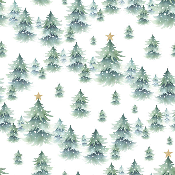 istock Christmas spruces snow-covered with festive golden star decoration, forest winter landscape. Hand drawn watercolor isolated seamless pattern for New Year festive packing paper, fabric and textile 2189051548