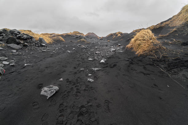 Path crossing black volcanic sand beach leading to distant hills in iceland