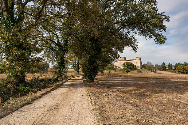 Ancient ruins of the Villa dei Quintili rising from a green meadow under a blue sky near Rome along the Appian Way, Italy. The remains of the historic Roman villa stand isolated in a rural landscape, highlighting the contrast between archaeological heritage and natural surroundings.