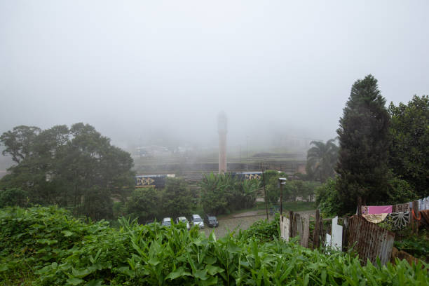 Santo André, SP, Brasil, 11-21-2019: English clock tower under the typical fog in the historic village of Paranapiacaba.