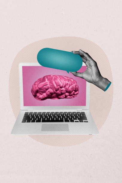 istock Vertical photo collage of hands hold bubble icon notification brain app software laptop screen technology ai isolated on painted background 2189055168