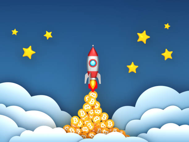 istock Space rocket and coins with bitcoin sign on blue sky background. Lucky business startup and good trading. Successful takeoff. To the moon concept. 2189056621