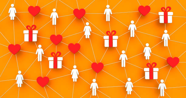 Hearts and gifts. People networking, connections concept. Communications and relationship.
