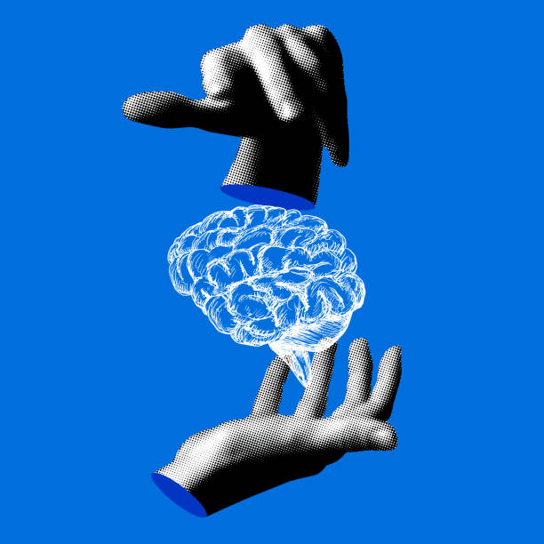 Modern collage with halftone hands and human brain. Knowledge concept Modern collage with halftone hands and human brain. Knowledge concept. Idea generation. Сoncept of artificial intelligence wisdom stock illustrations