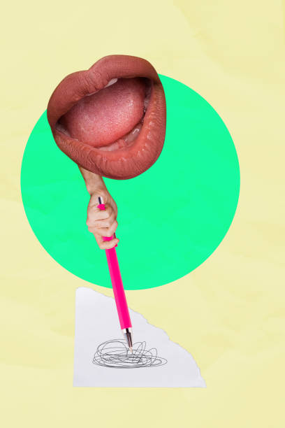 istock Composite 3D collage trend artwork template design of abstract surreal huge mouth lips makeup hand appear hold hand rite line sheet author 2189063119