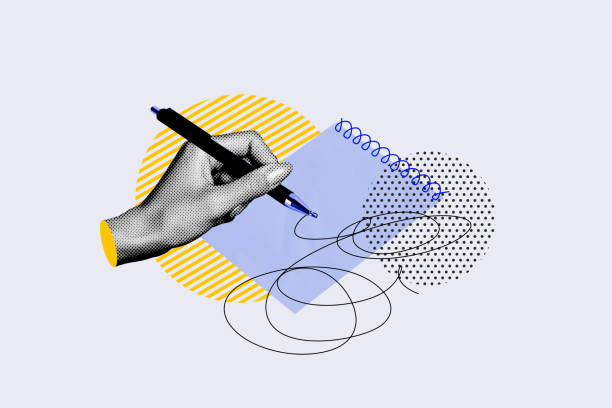 Composite photo collage of hand hold pen write note notepad paper planner drawing scribble sticker idea isolated on painted background.