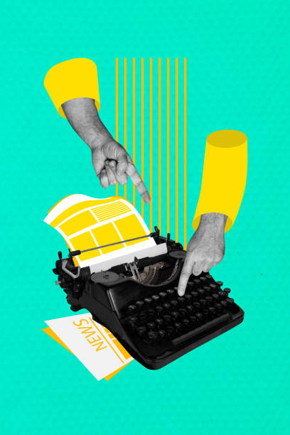 istock Vertical photo collage of hands type old rare typewriter machine author device retro newspaper sheet isolated on painted background 2189063789