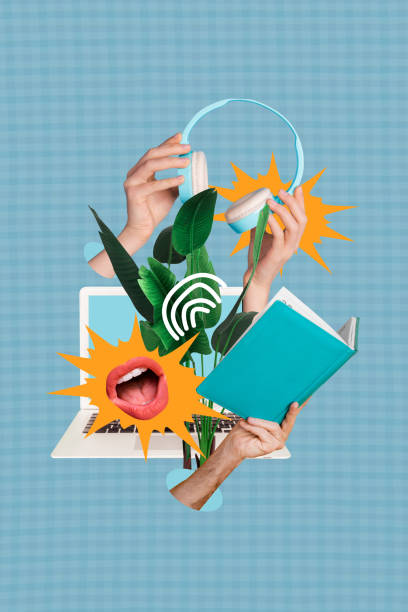 istock Vertical photo collage of hand hold planner mouth open laptop screen device wireless headphones music isolated on painted background 2189063929