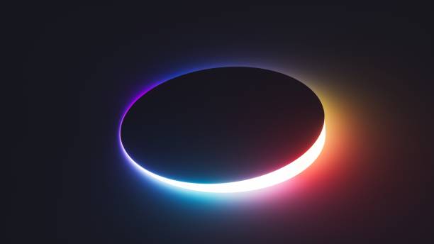 istock 3d render. Abstract geometric background. Glowing round shape and bright gradient neon light in the dark. Modern wall lamp creating futuristic vibes 2189067890