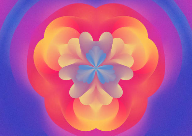 A vibrant abstract design featuring a symmetrical floral pattern with soft gradients of orange, pink, and blue against a purple background. Kaleidoscope with film grain effect