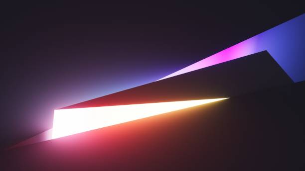istock 3d render. Abstract geometric neon background. Trendy wallpaper of zigzag shape glowing with multicolored gradient light. Black wall illuminated with modern led lamp 2189068282